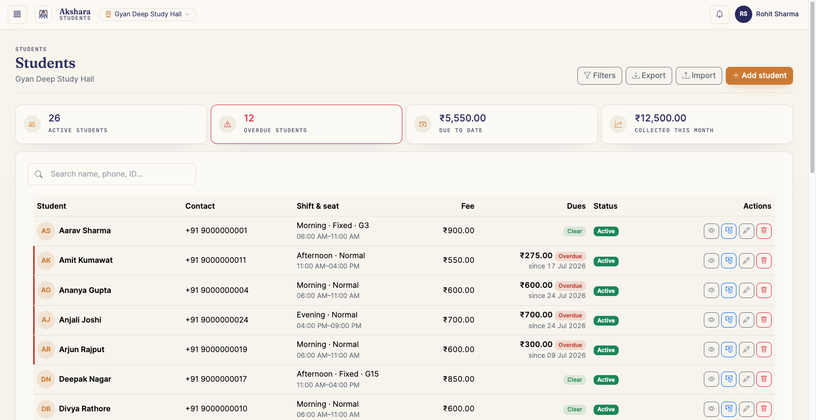 Student roster — Search, filter by dues and act from the row